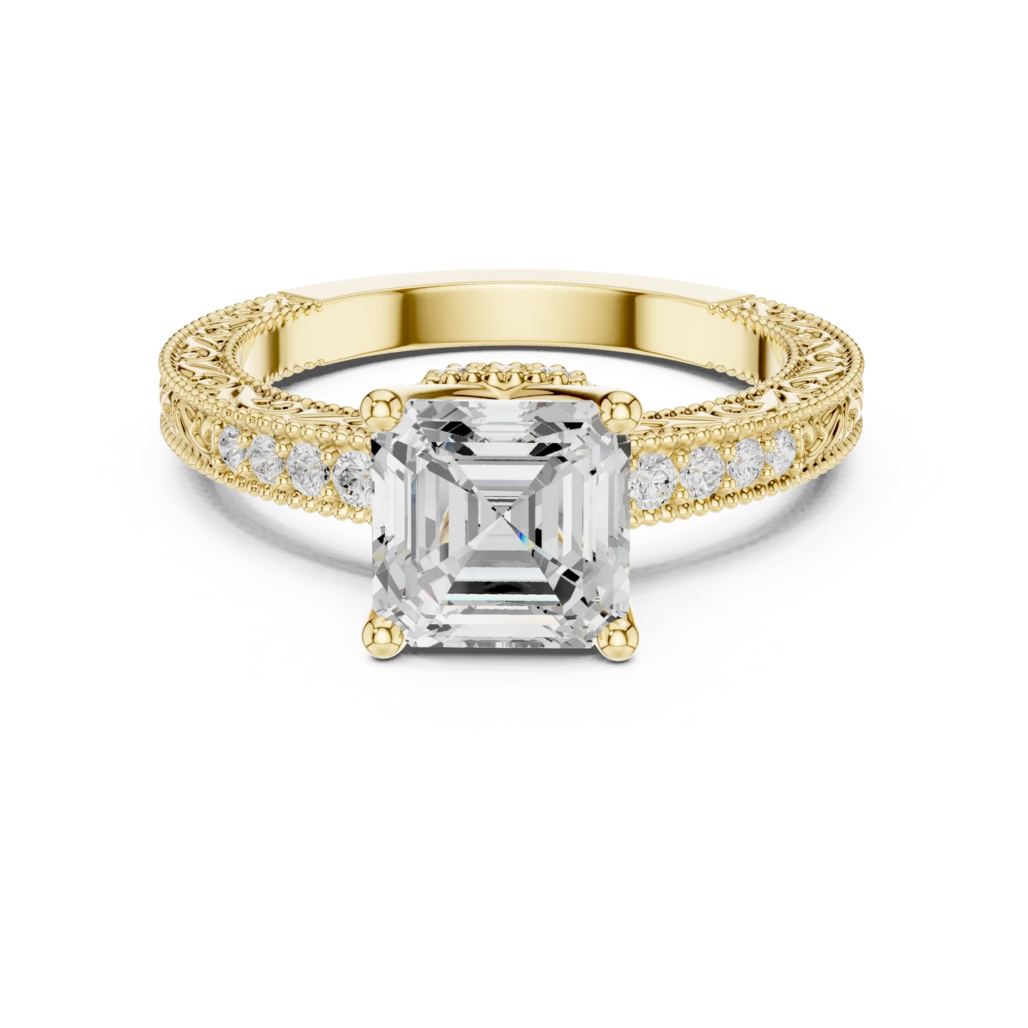 Asscher vintage filigree ring in yellow gold with milgrain, channel set diamond band and lab-grown diamond – Australia
