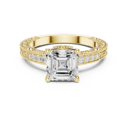 Asscher vintage filigree ring in yellow gold with milgrain, channel set diamond band and lab-grown diamond – Australia