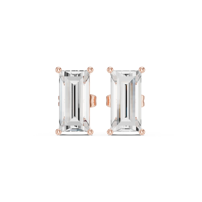 Pair of emerald-cut gemstone earrings with rose gold settings on a white background