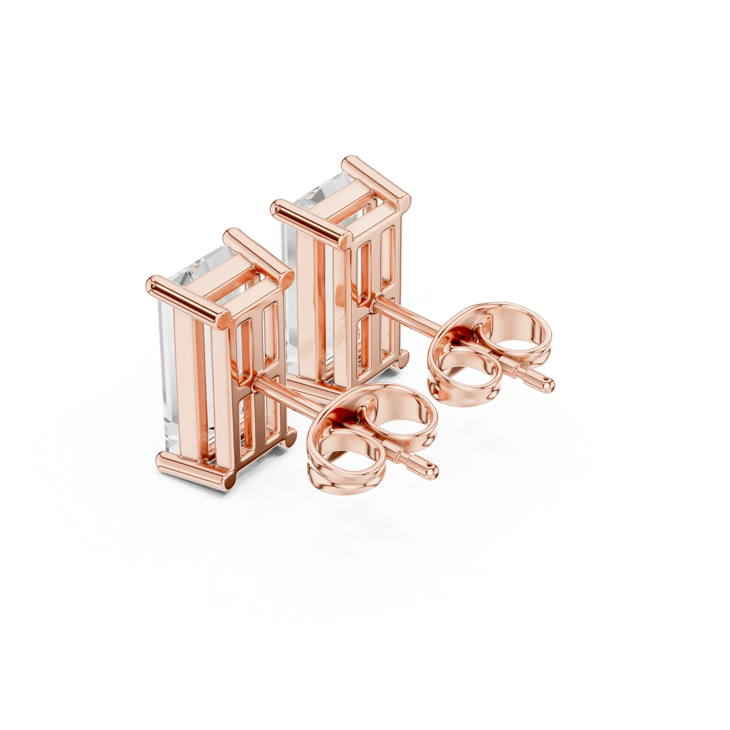 Baguette cut lab grown diamond stud earrings in rose gold back side view by Diamonds for Everyone Australia