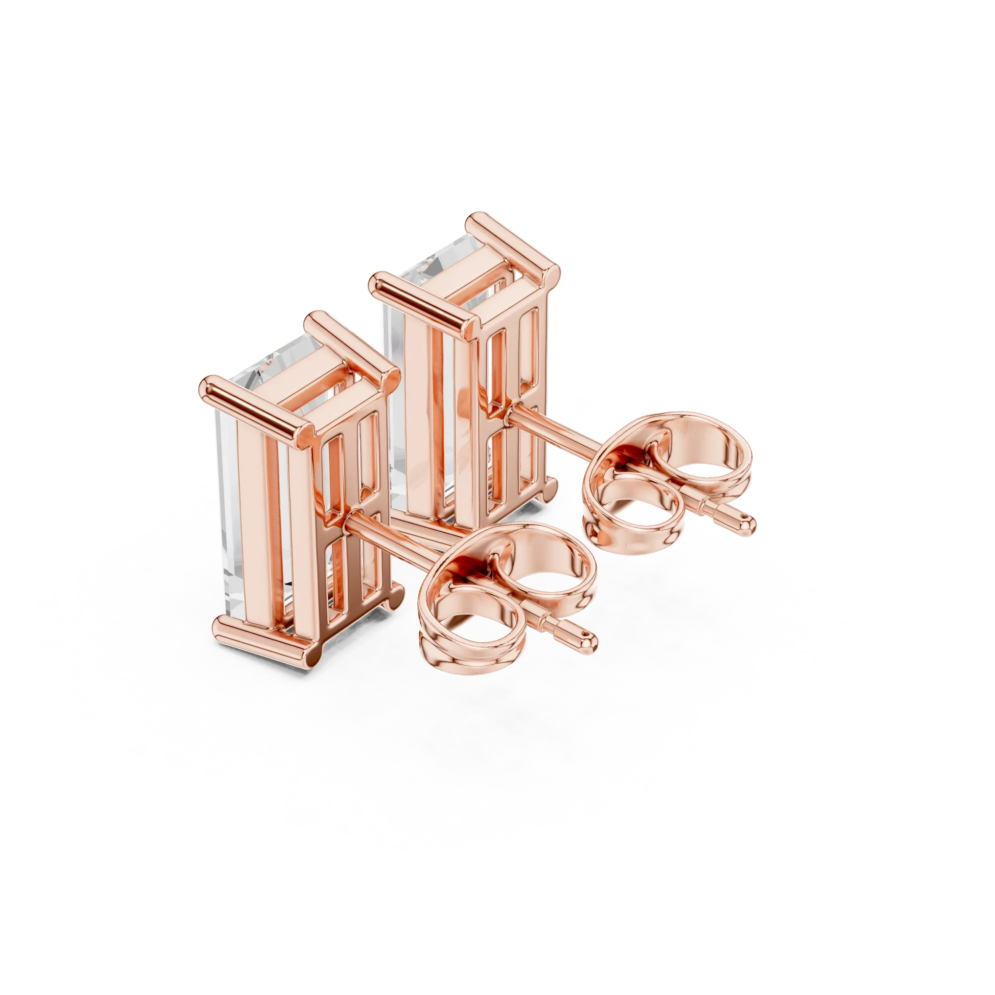 Baguette cut lab grown diamond stud earrings in rose gold back side view by Diamonds for Everyone Australia