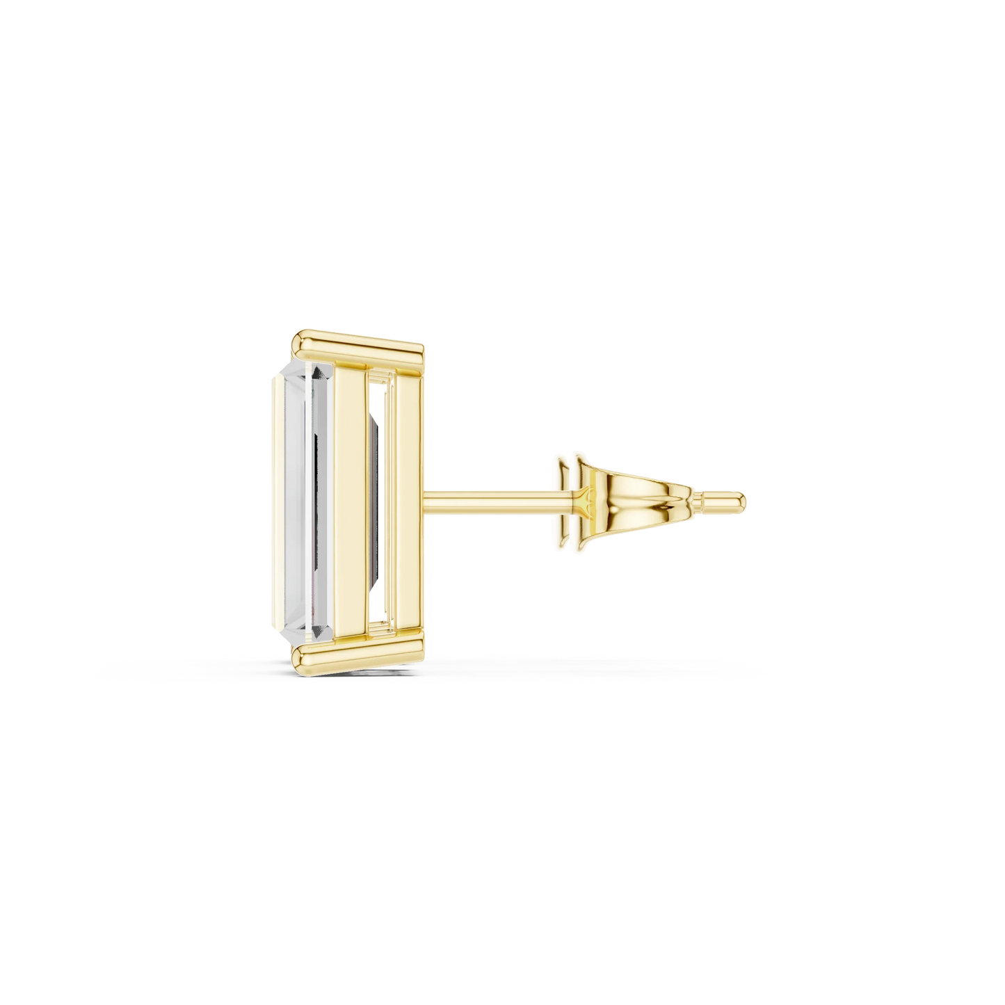 Baguette cut lab grown diamond stud earrings in yellow gold side view by Diamonds for Everyone Australia