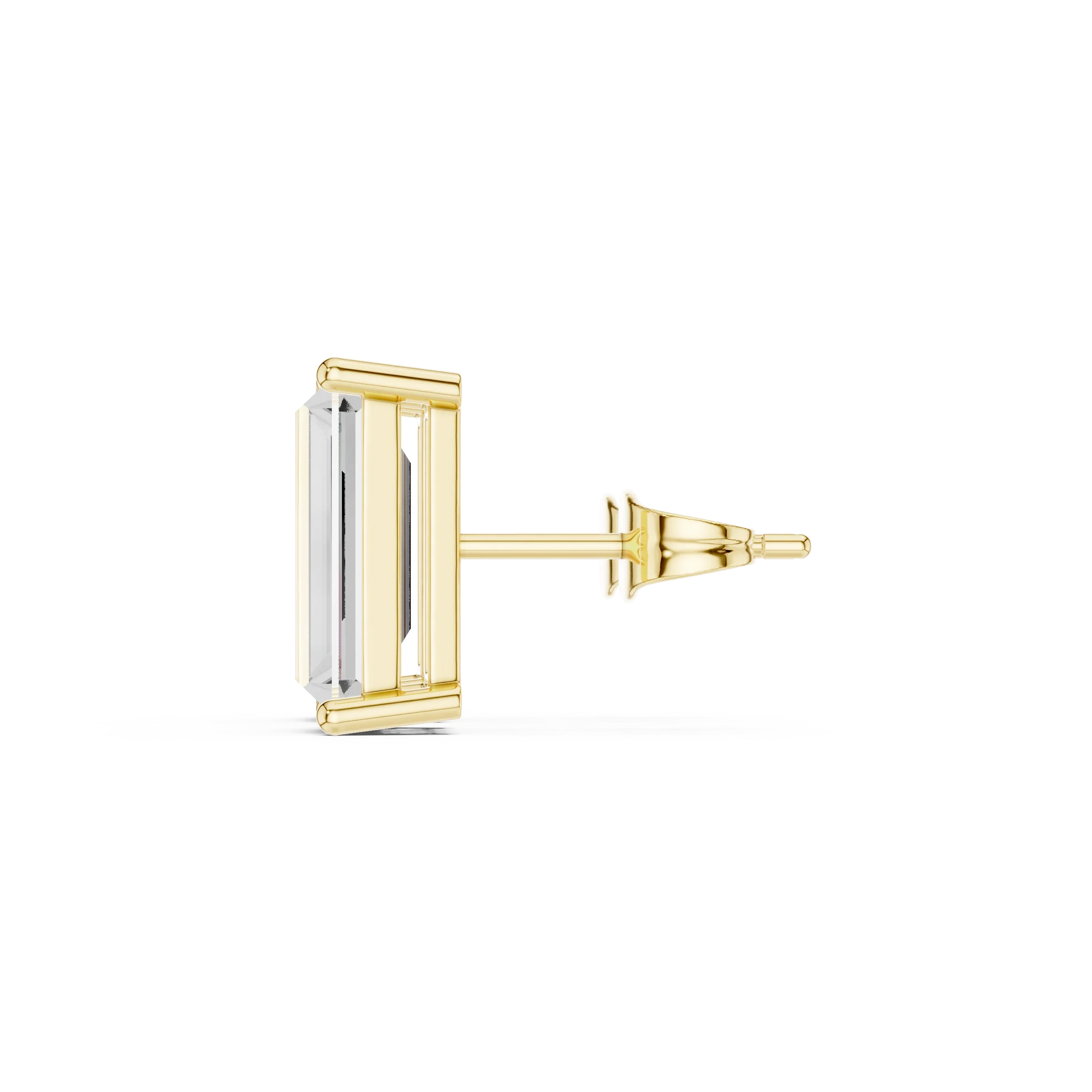 Baguette cut lab grown diamond stud earrings in yellow gold side view by Diamonds for Everyone Australia