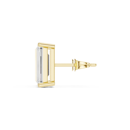 Baguette cut lab grown diamond stud earrings in yellow gold side view by Diamonds for Everyone Australia