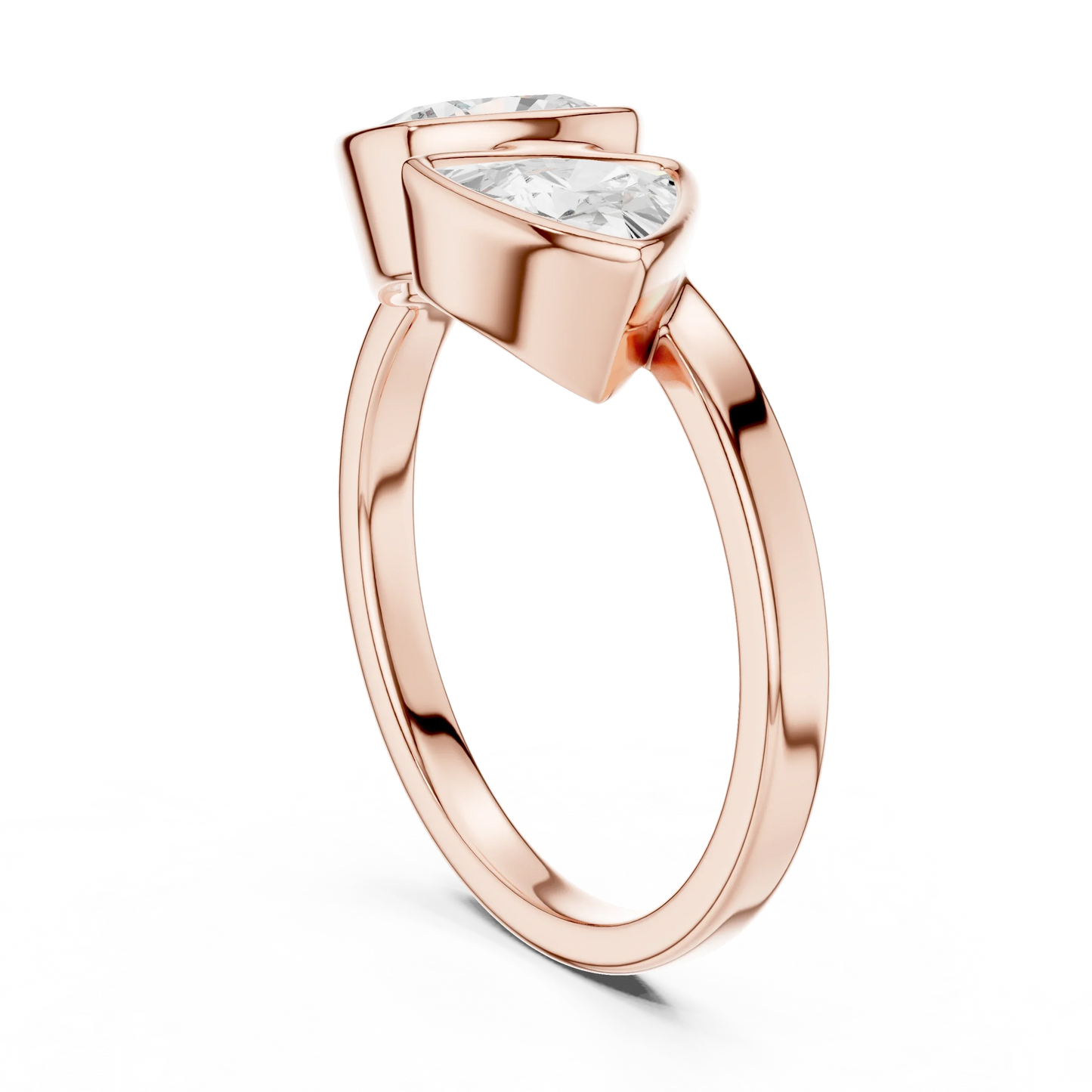 Bezel Toi et Moi rose gold ring with cushion and trillion lab-grown diamonds back view