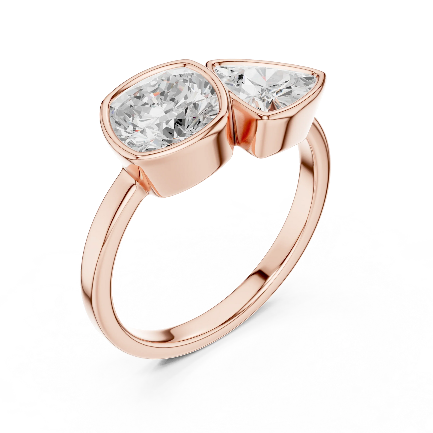 Bezel Toi et Moi rose gold ring with cushion and trillion lab-grown diamonds front view