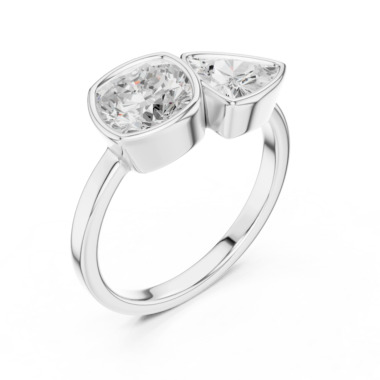 Bezel Toi et Moi white gold ring with cushion and trillion lab-grown diamonds front view