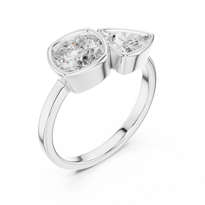 Bezel Toi et Moi white gold ring with cushion and trillion lab-grown diamonds front view