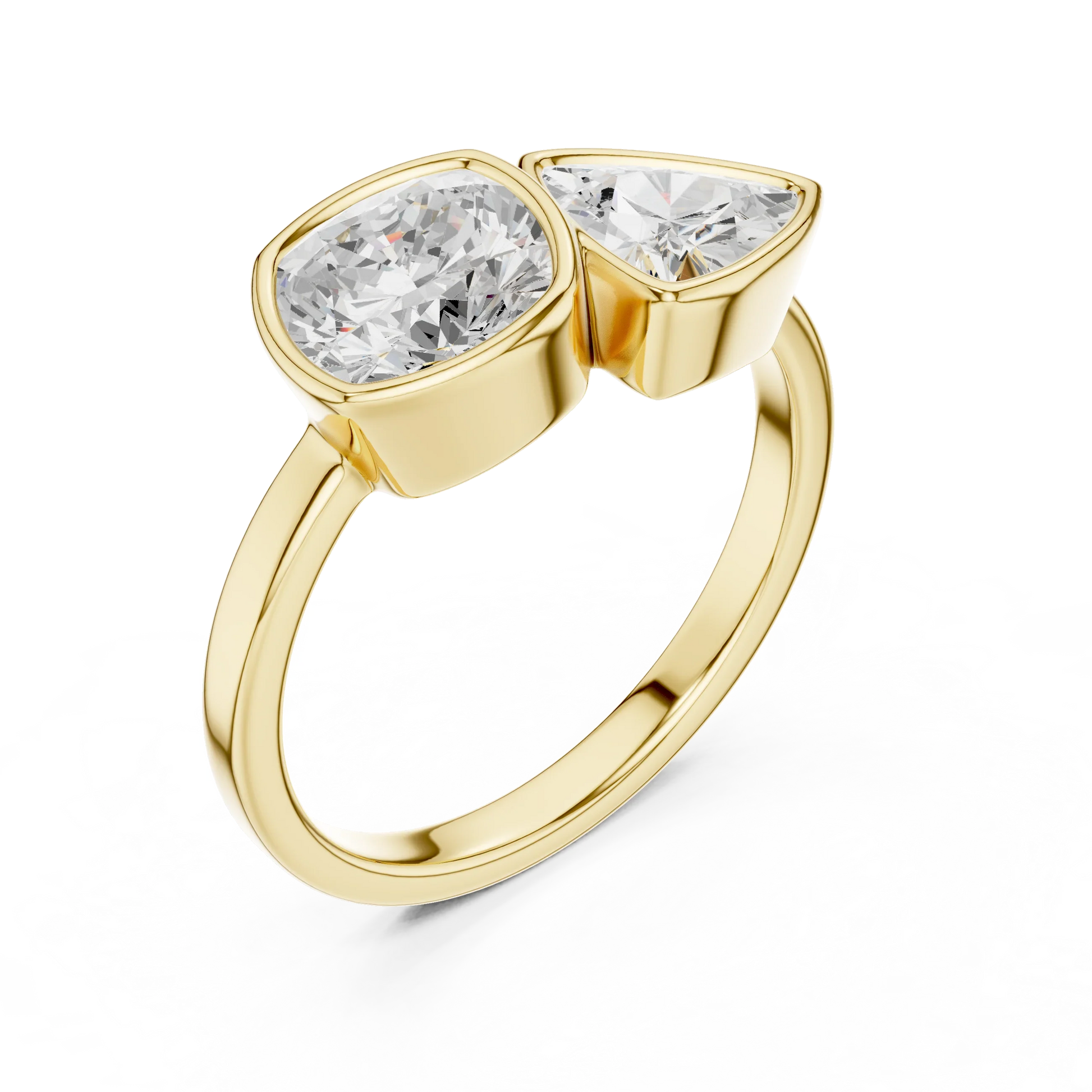 Bezel Toi et Moi yellow gold ring with cushion and trillion lab-grown diamonds front view