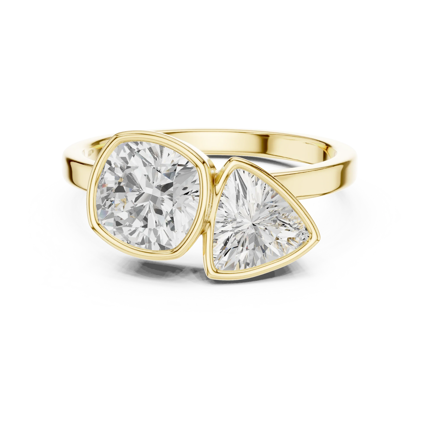 Bezel Toi et Moi yellow gold ring with cushion and trillion lab-grown diamonds