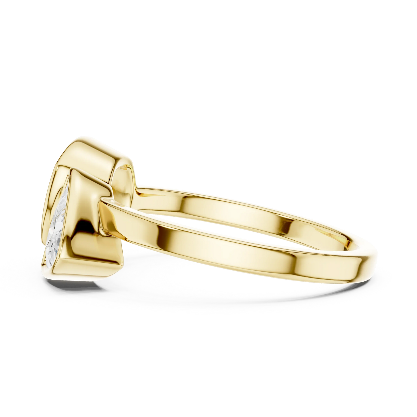 Bezel Toi et Moi yellow gold ring with cushion and trillion lab-grown diamonds side view