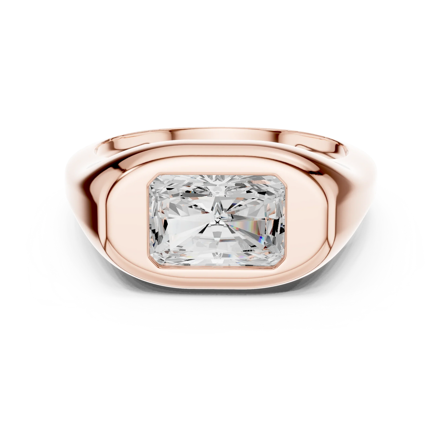 Lab-grown radiant cut bezel set signet ring in rose gold, soft tone top view.