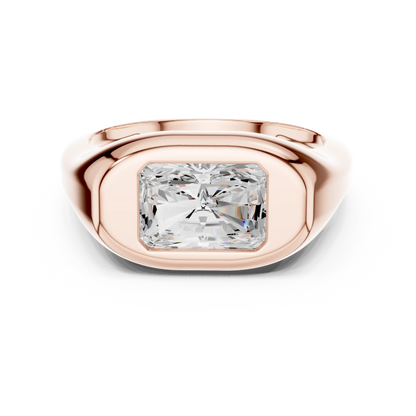 Lab-grown radiant cut bezel set signet ring in rose gold, soft tone top view.