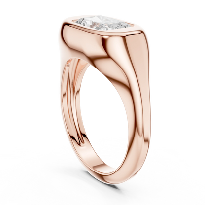 Back side view of rose gold radiant bezel set signet ring, detailing band and setting