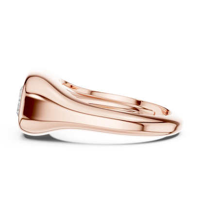 Side view of rose gold radiant cut bezel set signet ring, highlighting overall design profile.