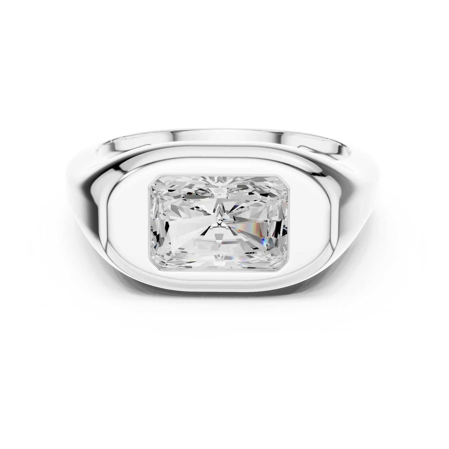 Lab-grown radiant cut bezel set signet ring in white gold, sleek top view
