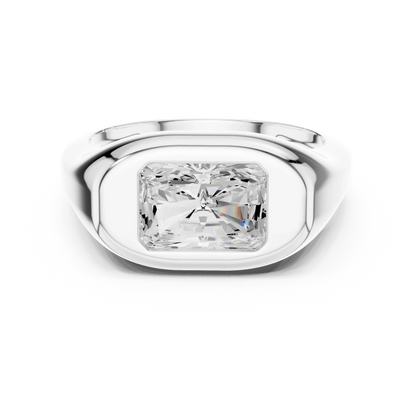 Lab-grown radiant cut bezel set signet ring in white gold, sleek top view