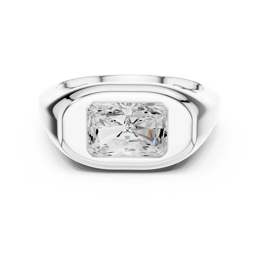 Lab-grown radiant cut bezel set signet ring in white gold, sleek top view