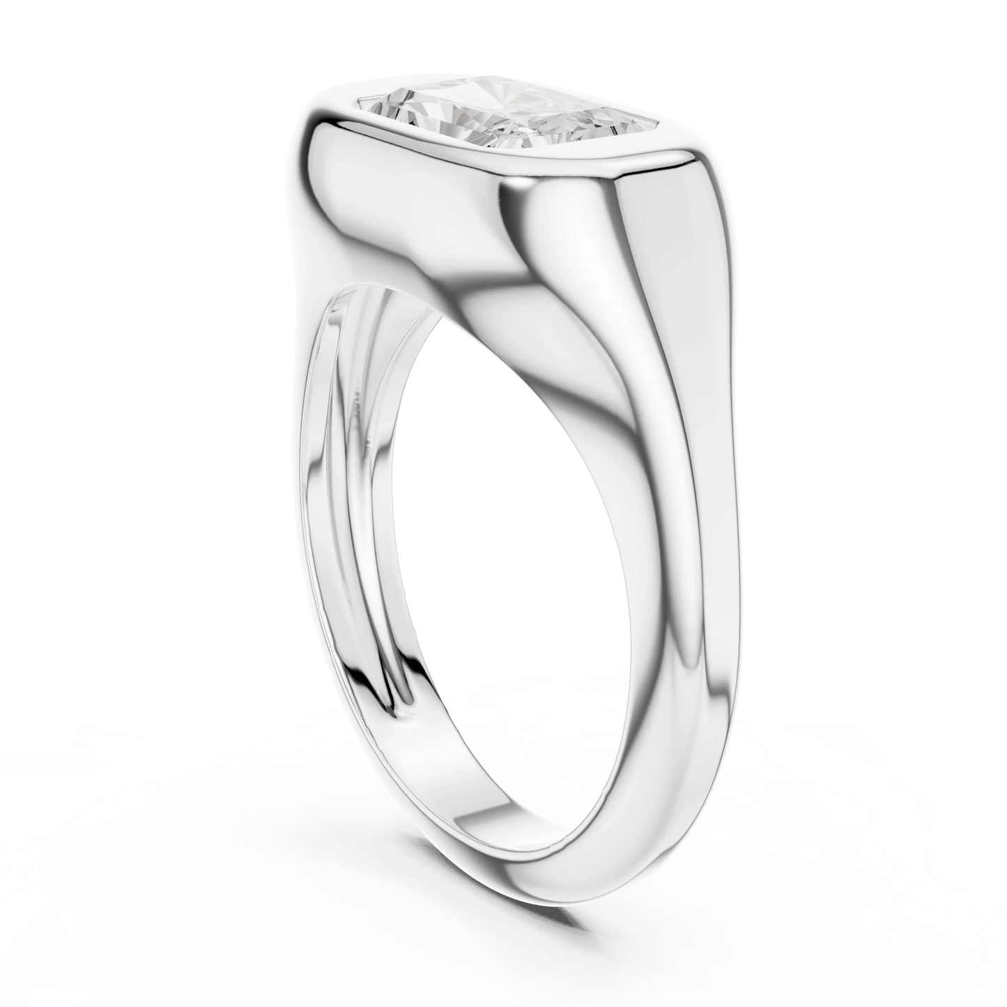 Back side view of white gold radiant bezel set signet ring, showing band and setting
