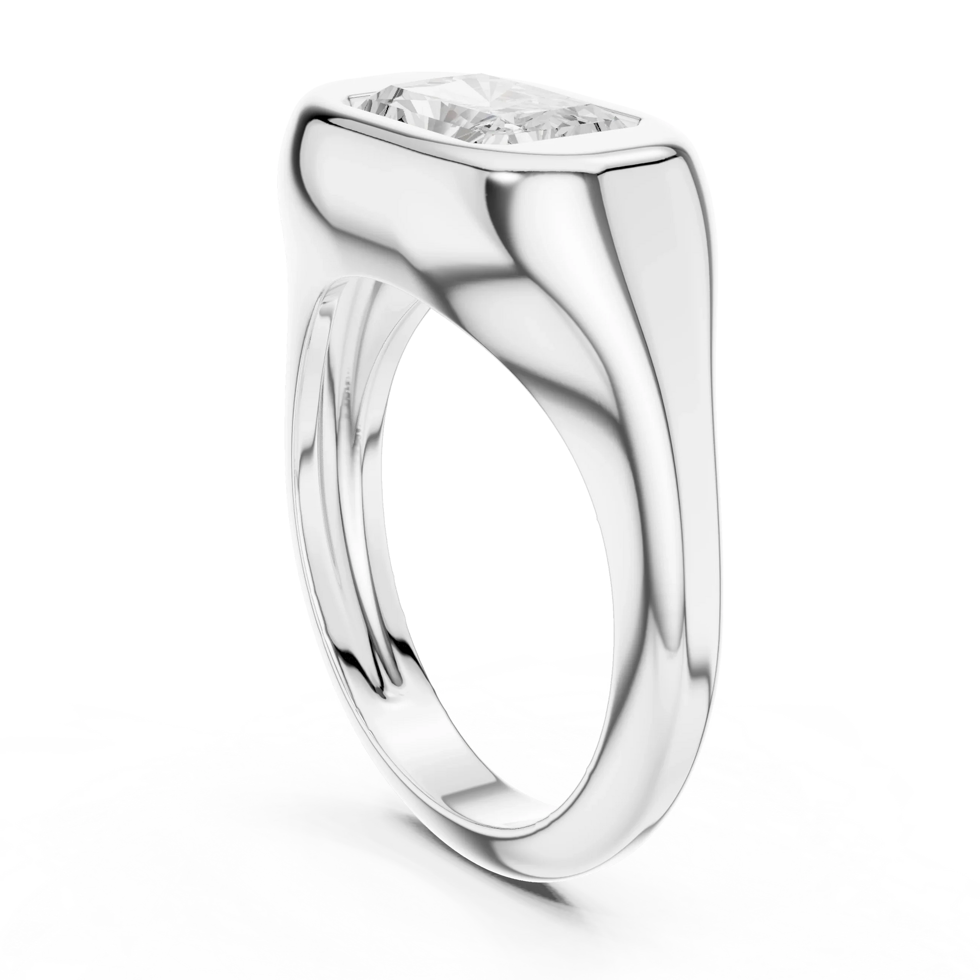Back side view of white gold radiant bezel set signet ring, showing band and setting