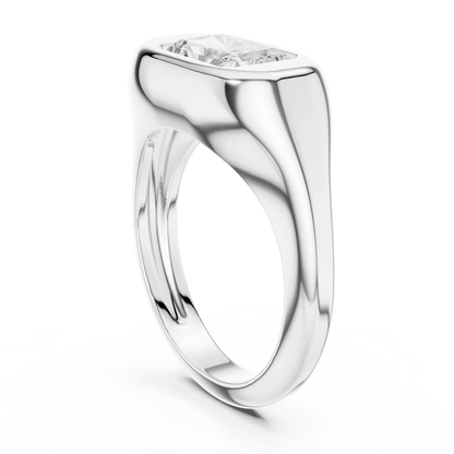 Back side view of white gold radiant bezel set signet ring, showing band and setting