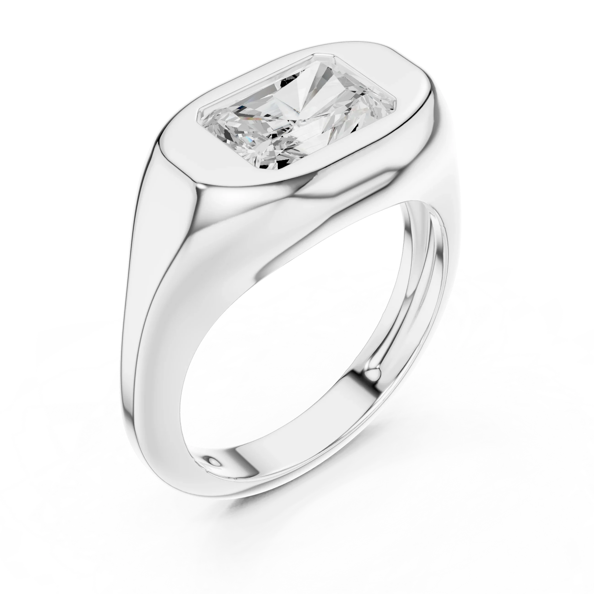 Front view of white gold radiant cut bezel set signet ring, showcasing center stone.