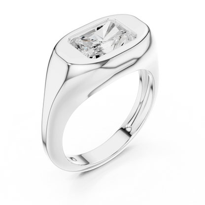 Front view of white gold radiant cut bezel set signet ring, showcasing center stone.