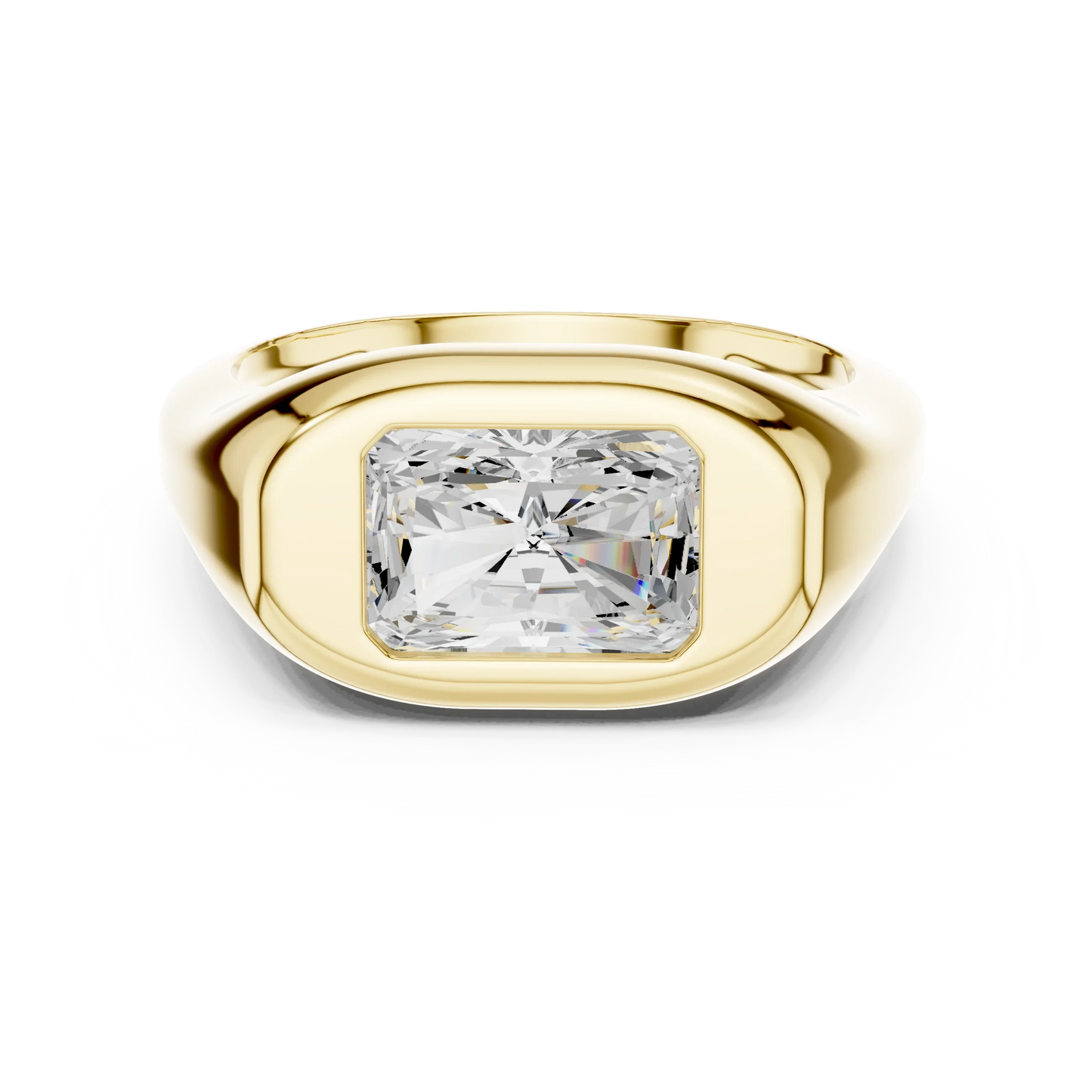Lab-grown radiant cut bezel set signet ring in yellow gold, classic top view.