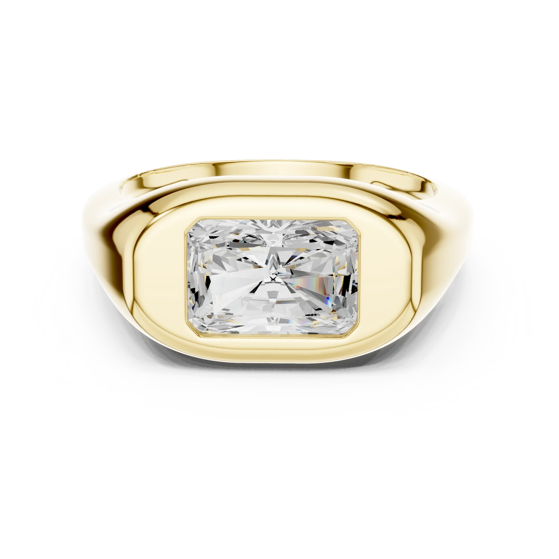 Lab-grown radiant cut bezel set signet ring in yellow gold, classic top view.