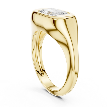 Back side view of yellow gold radiant bezel set signet ring, showing band structure