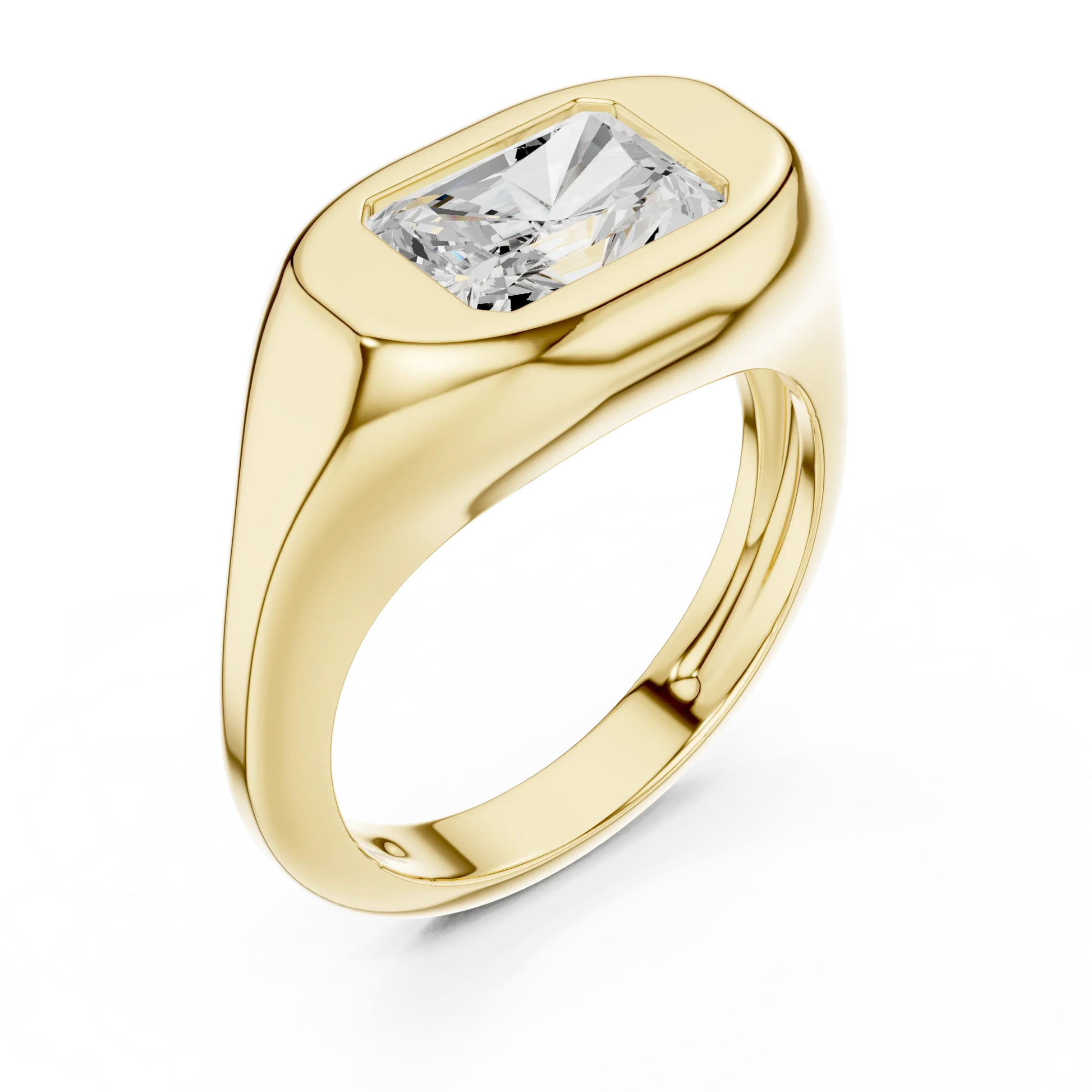 Front view of yellow gold radiant cut bezel set signet ring, emphasizing brilliance.