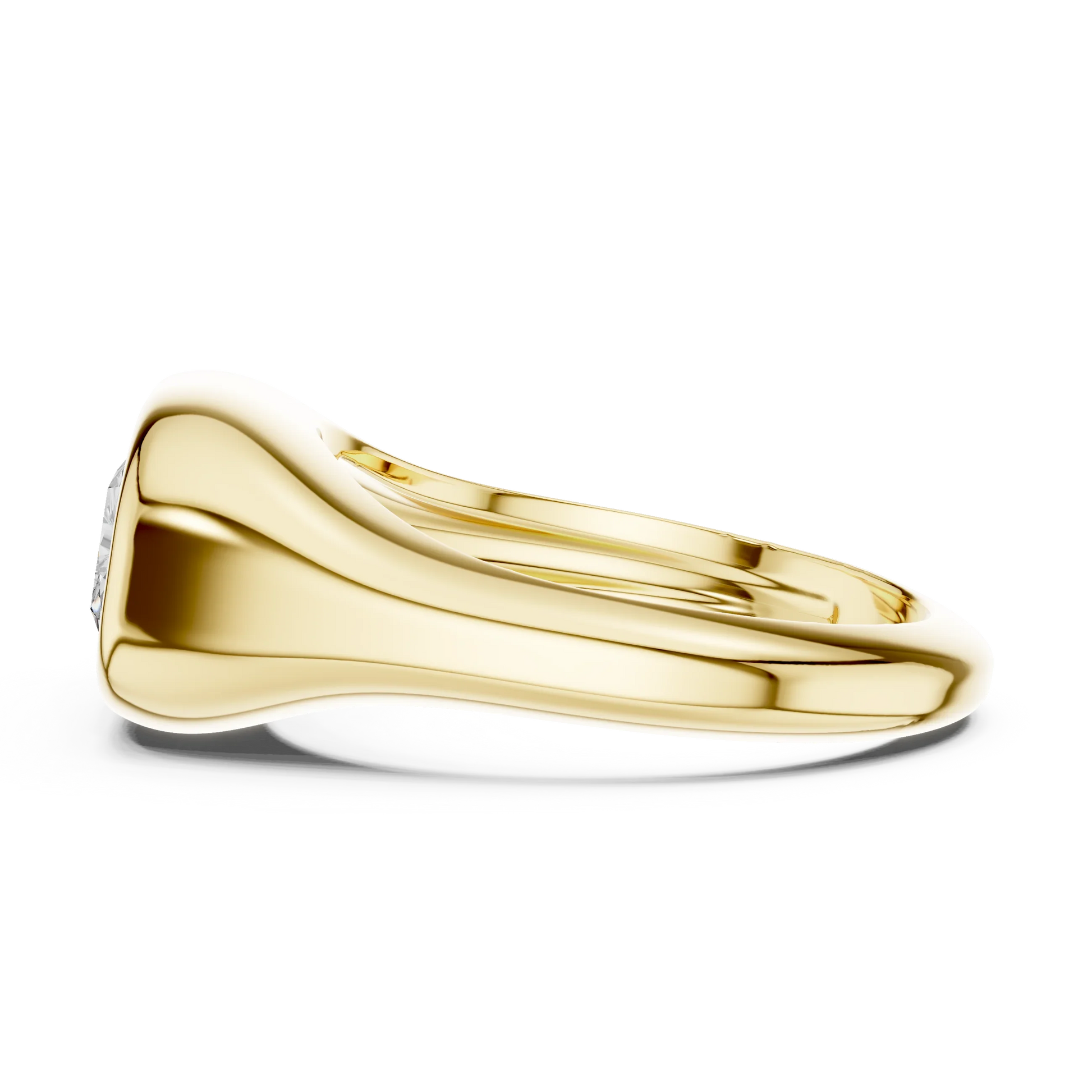 Side view of yellow gold radiant cut bezel set signet ring, highlighting design profile.