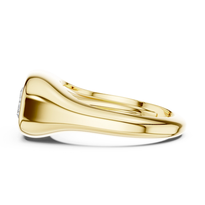 Side view of yellow gold radiant cut bezel set signet ring, highlighting design profile.