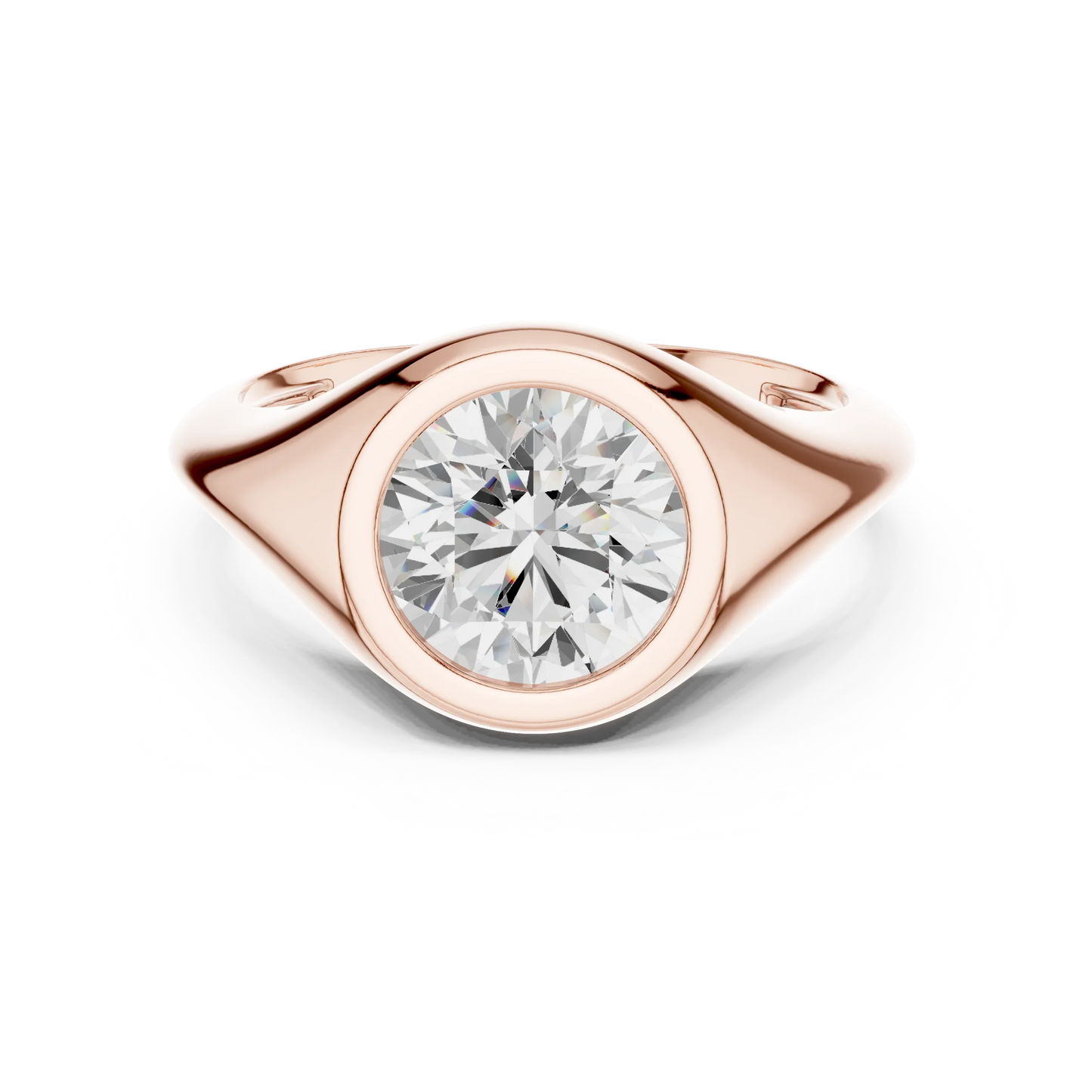 Lab-grown round cut bezel set signet ring in rose gold, soft tone top view