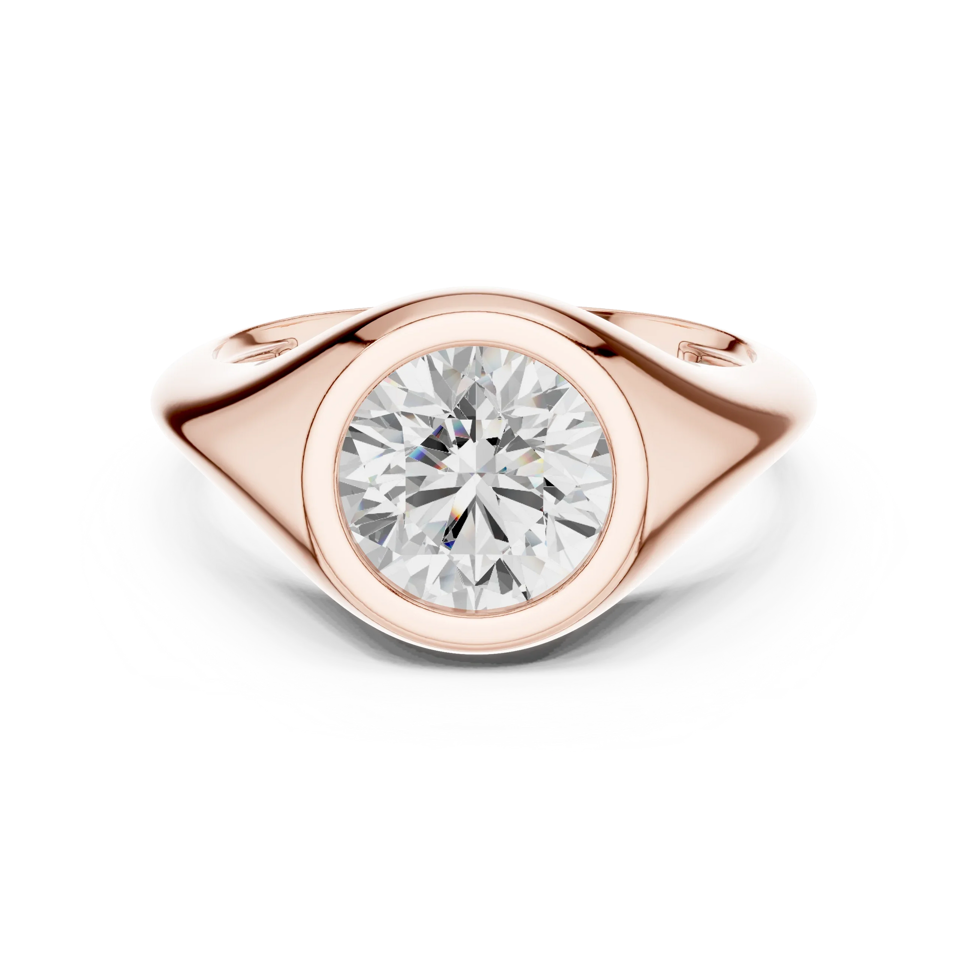 Lab-grown round cut bezel set signet ring in rose gold, soft tone top view