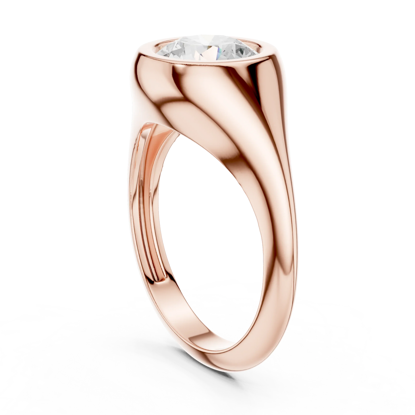 Back side view of rose gold round bezel set signet ring, detailing band and setting.