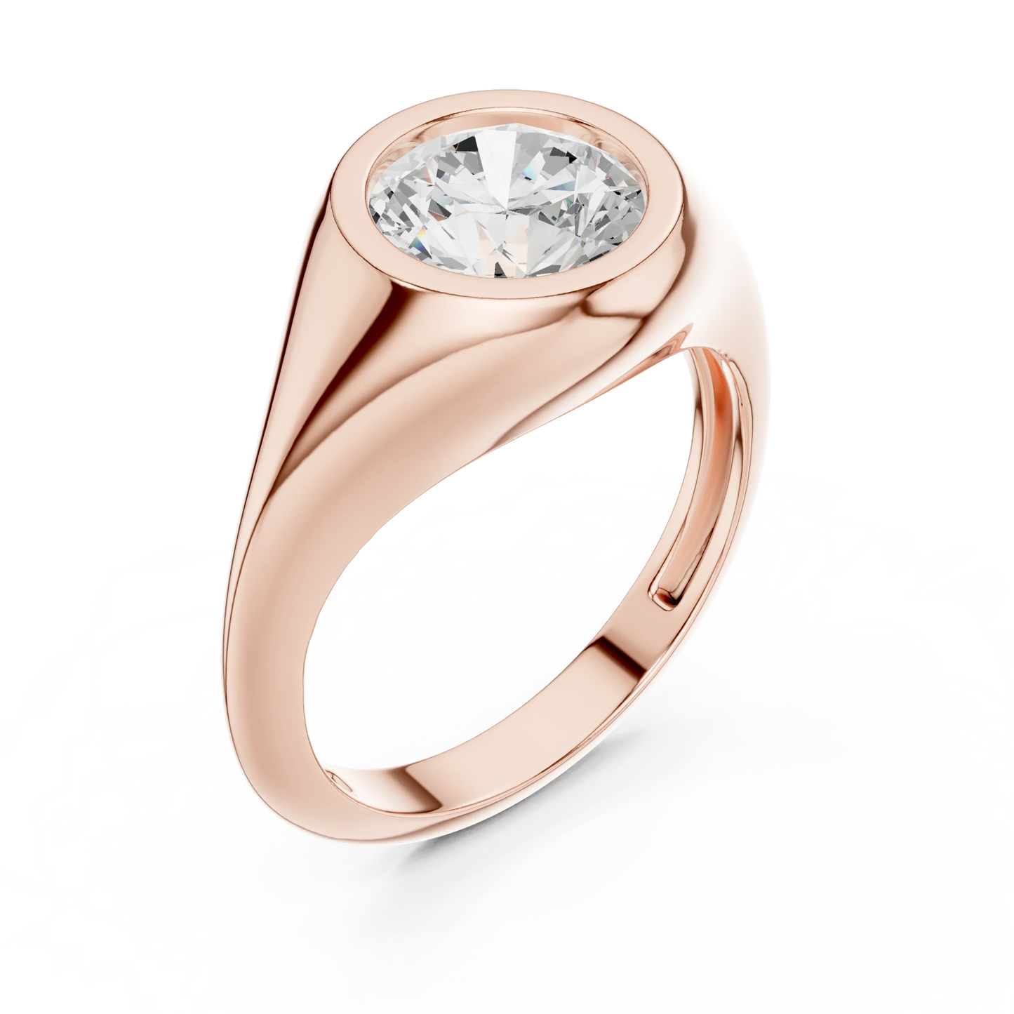 Front view of rose gold round cut bezel set signet ring, showcasing gemstone brilliance.