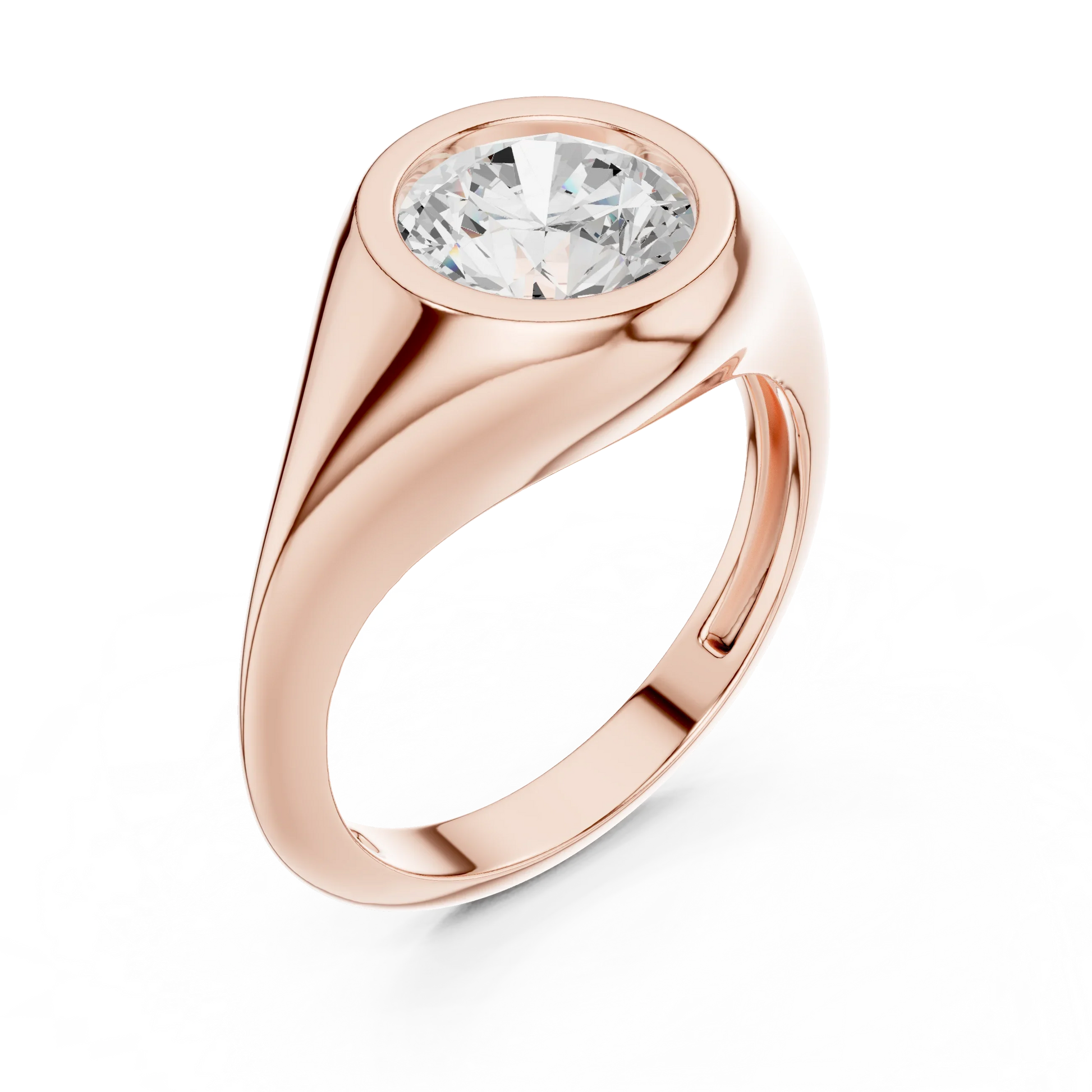 Front view of rose gold round cut bezel set signet ring, showcasing gemstone brilliance.