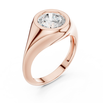Front view of rose gold round cut bezel set signet ring, showcasing gemstone brilliance.