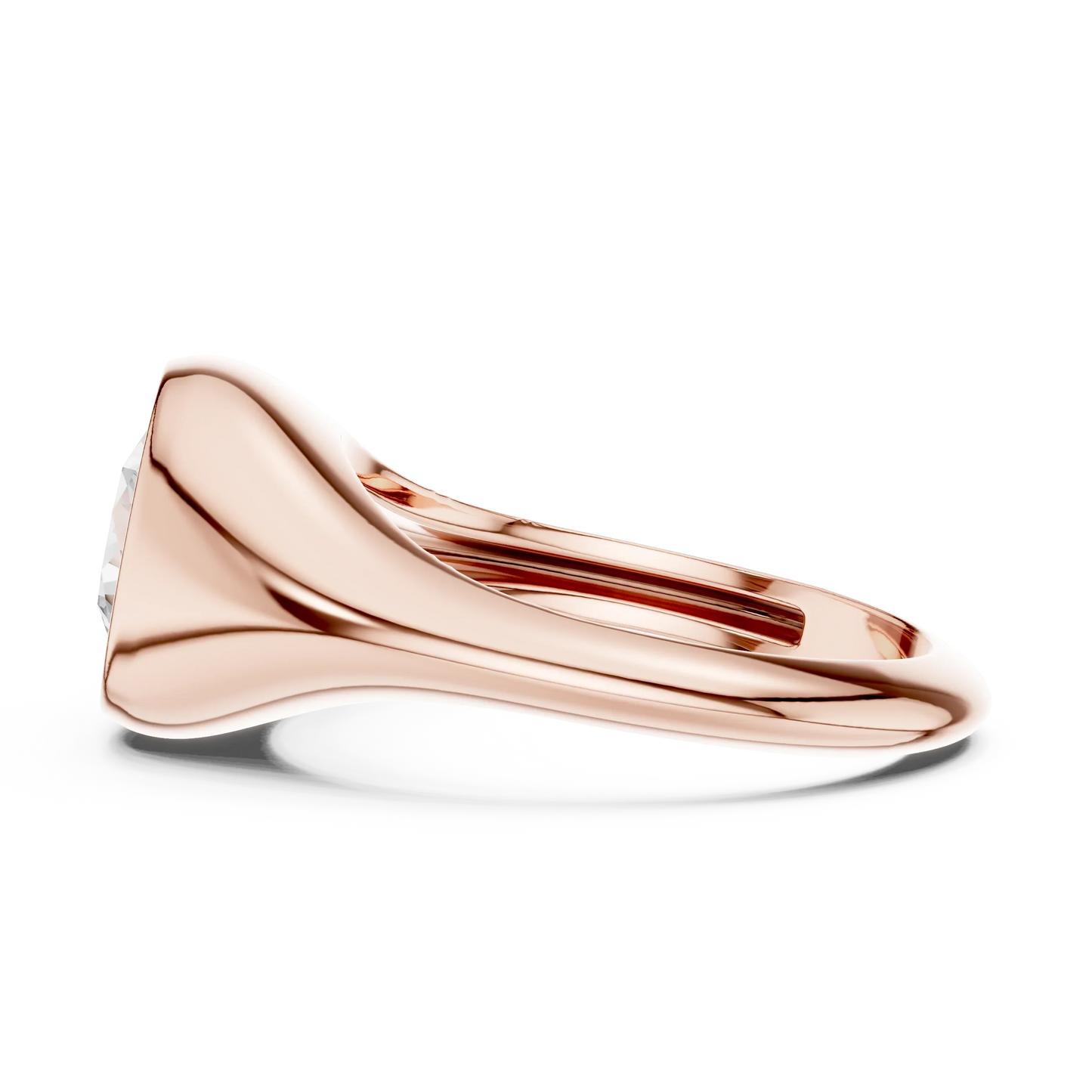Side view of rose gold round cut bezel set signet ring, highlighting overall design profile.