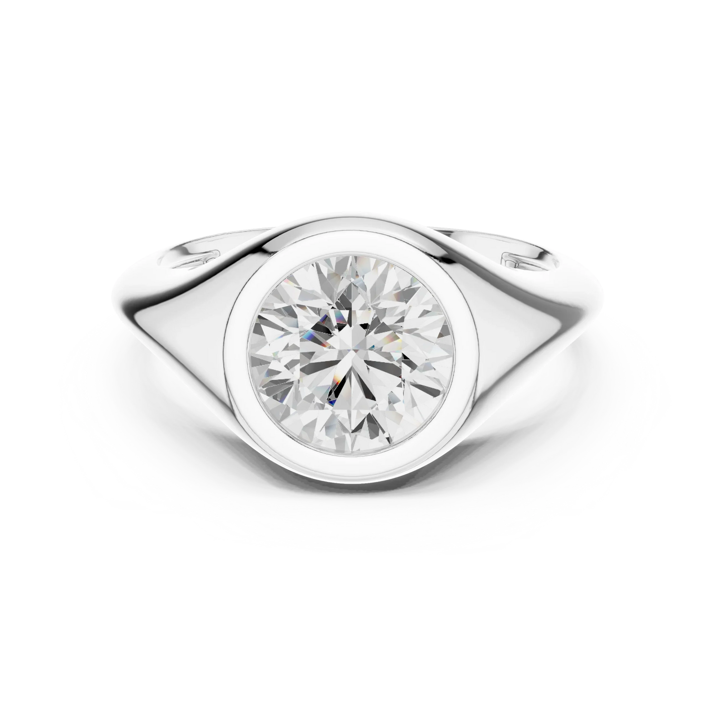 Lab-grown round cut bezel set signet ring in white gold, sleek top view