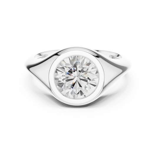 Lab-grown round cut bezel set signet ring in white gold, sleek top view