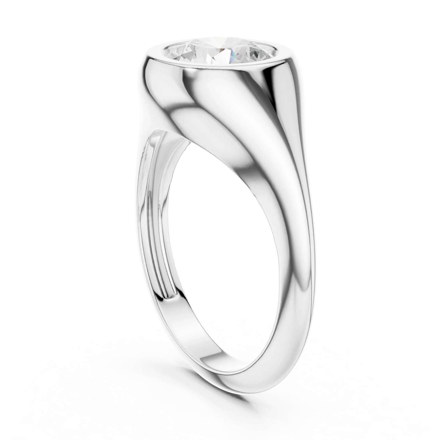 Back side view of white gold round bezel set signet ring, showing band and setting.