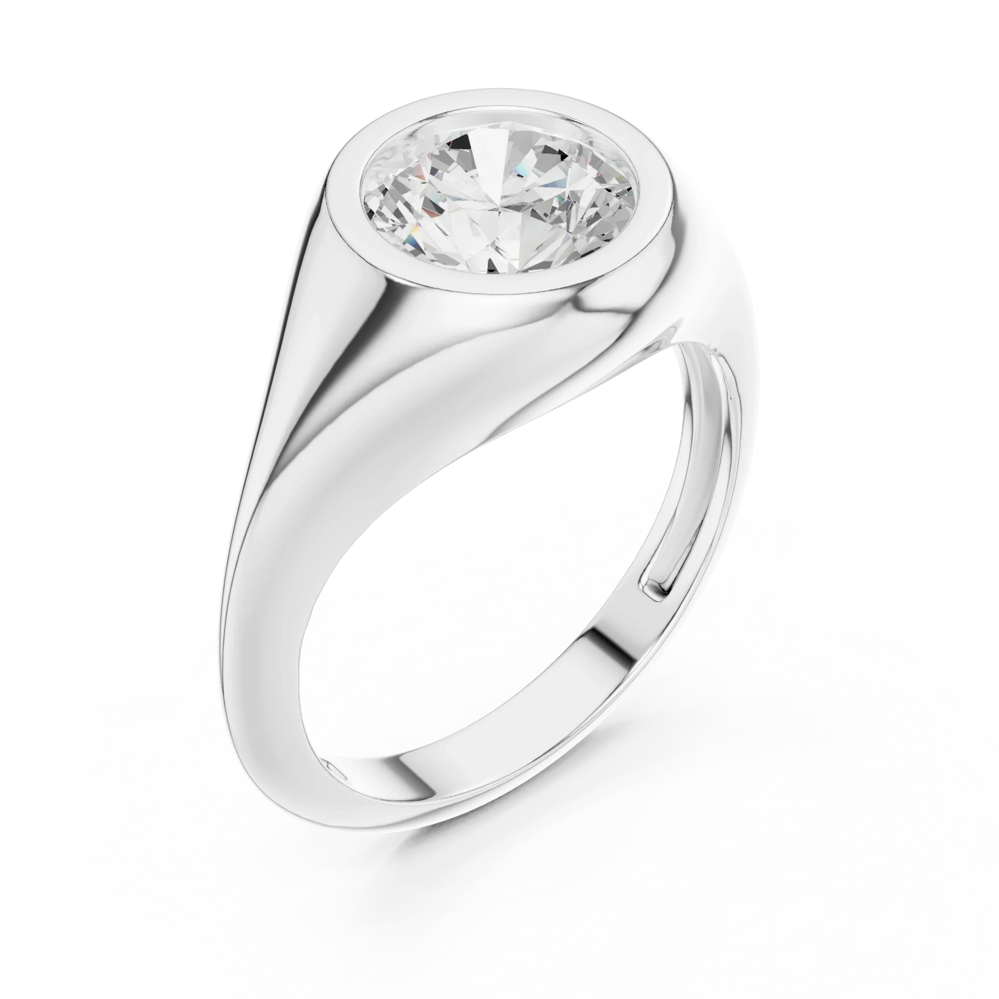 Front view of white gold round cut bezel set signet ring, showcasing center stone.