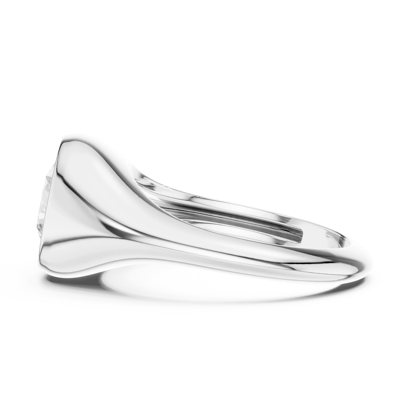 Side view of white gold round cut bezel set signet ring, highlighting smooth profile.