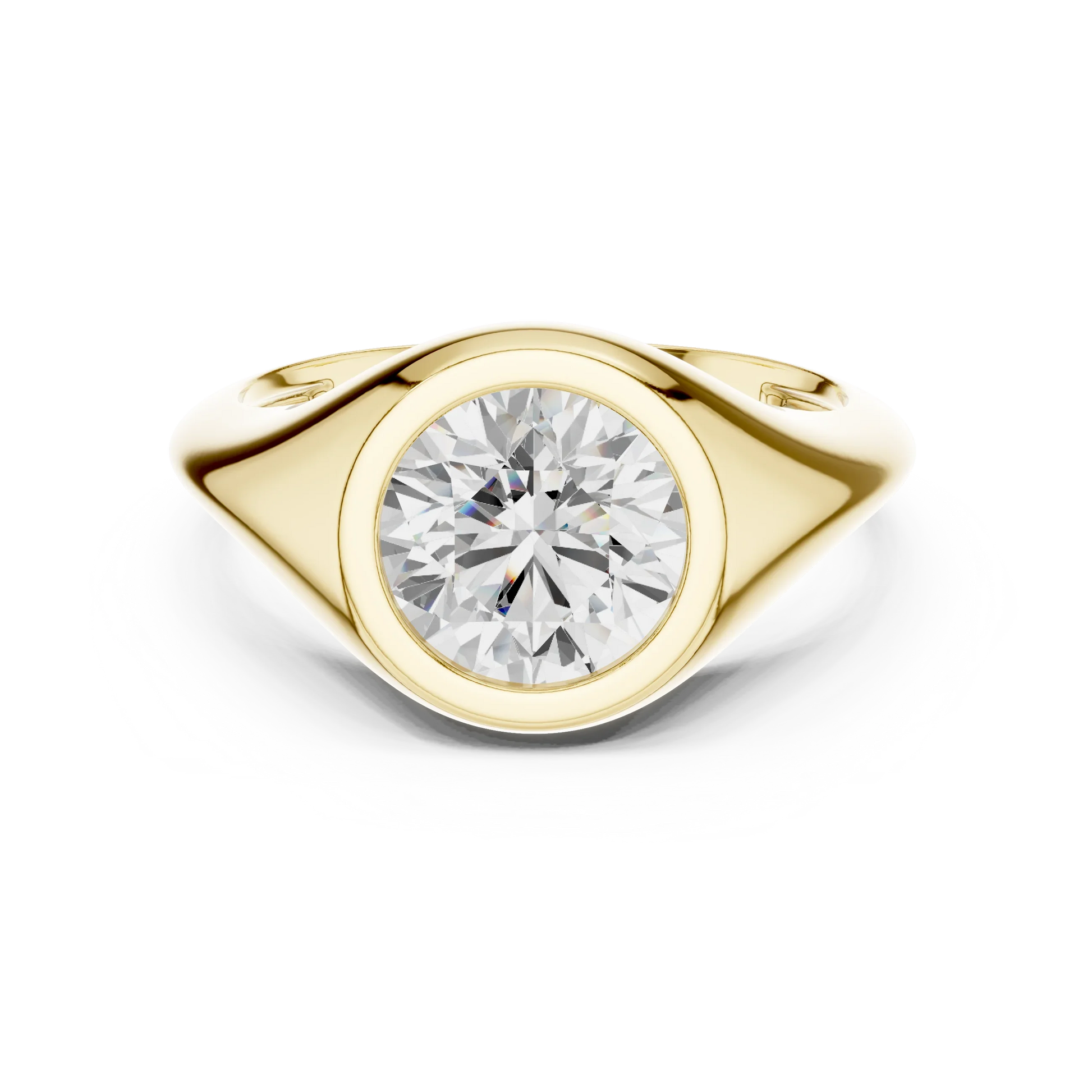 Lab-grown round cut bezel set signet ring in yellow gold, classic top view.