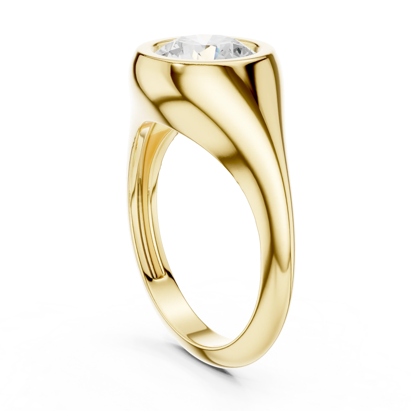 Back side view of yellow gold round bezel set signet ring, showing band structure