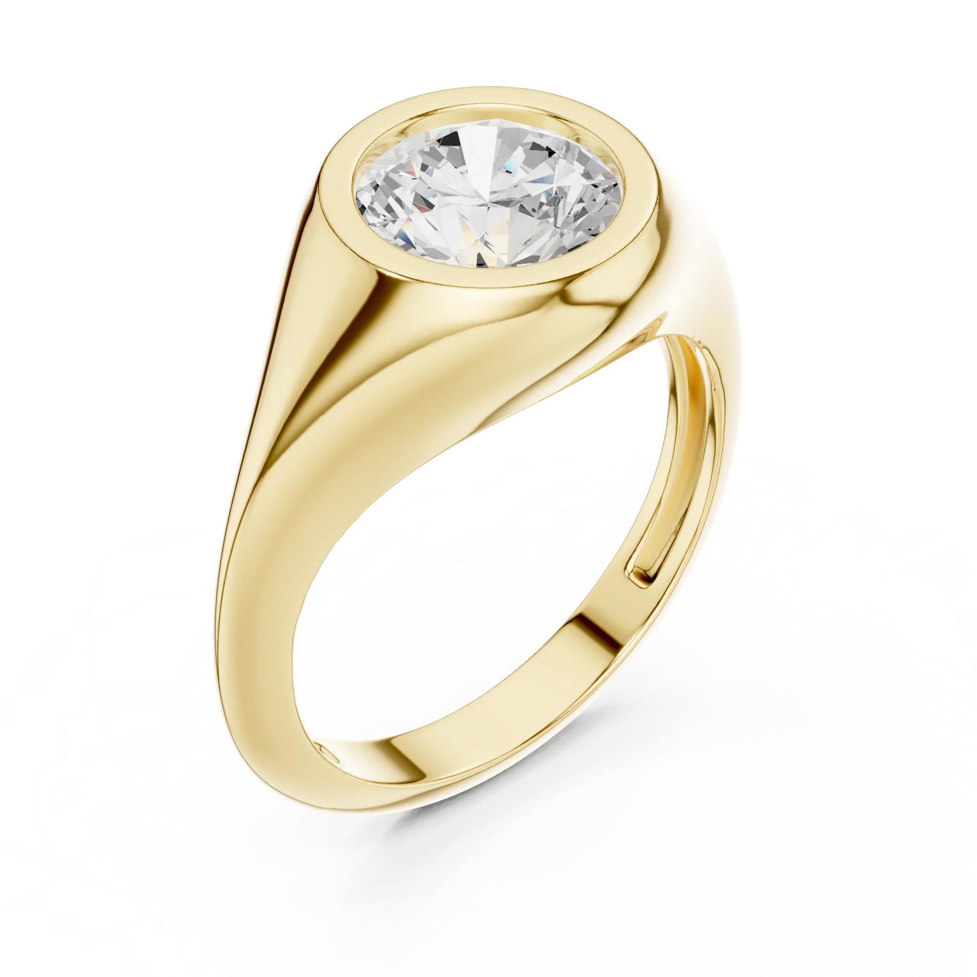 Front view of yellow gold round cut bezel set signet ring, emphasizing brilliance.