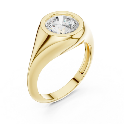 Front view of yellow gold round cut bezel set signet ring, emphasizing brilliance.