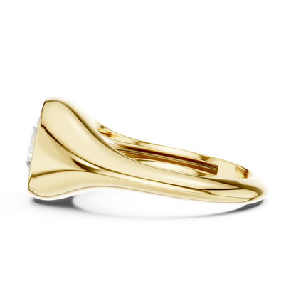 Side view of yellow gold round cut bezel set signet ring, highlighting design profile.